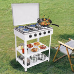Natural Gas Stove, 12.5KW 5-Burner Camping Stove with 5 Fire Adjustment Knobs and 2 Tiers Storage Rack, Portable Gas Cooktop Outdoor Cooking Tool for Camping Fishing Travel, White