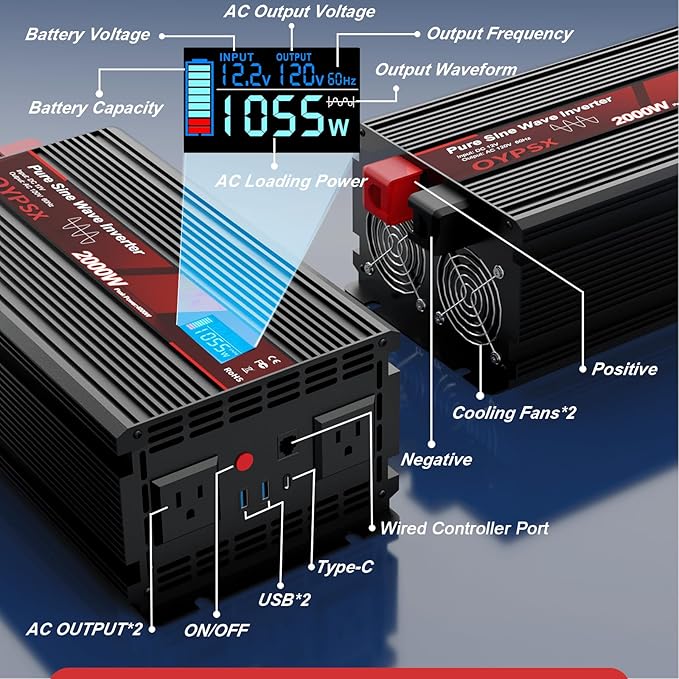 2000W Power Inverter 12V to 110V 120V AC Pure Sine Wave Inverter for RV Truck Camping,Outdoor Off-Grid Power Converter with LCD Display,Wired Controller,AC Outlets USB Port(12V-2000Watt)