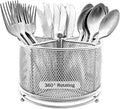 360° Rotating Metal Utensil Caddy - 4 Compartment Silverware Cutlery Holder Rotation Fork Spoon Napkin Organizer Flatware Storage Basket Party Countertop Buffet Picnic Camping Outdoor Silver