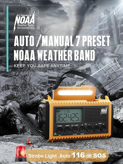 5000 Emergency Weather Radio- Portable Radio AM/FM/SW/NOAA with USB Charger, Rechargeable Battery Powered Solar/Hand Crank Radio with Flashlight, Large Backlit LCD Display, Headphone Jack, SOS Alarm
