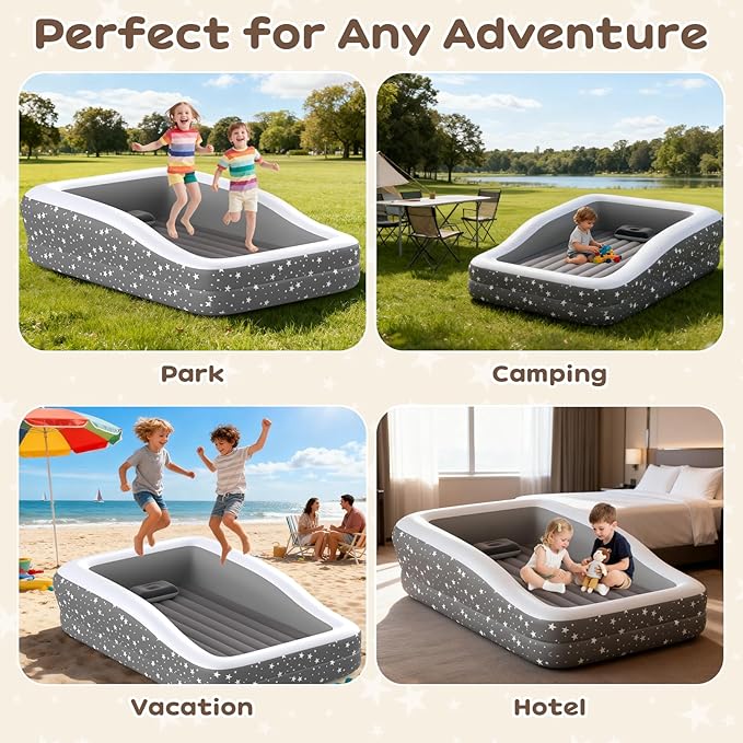 Inflatable Toddler Air Mattress with Built-in Pump - 67 Inches Safety Four Side Inflatable Toddler Travel Bed - Portable Toddler Bed for Outdoor Camping - Easy to Inflate, Deflate and Clean, Grey