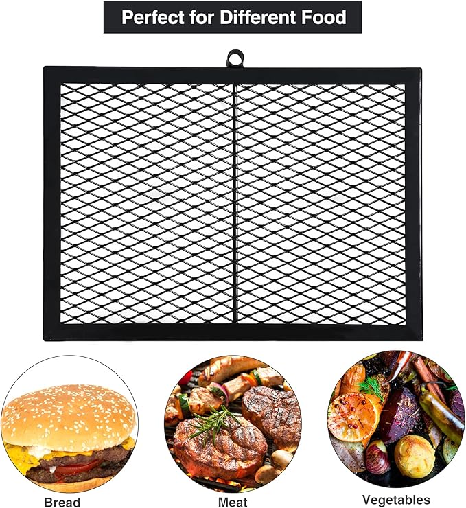 Lineslife Swivel Campfire Grill Grate, Adjustable Heavy Duty Steel Open Fire Grill Rack, Fire Pit Grill Grate Over Fire Pit with Carrying Bag for Outdoor Camping BBQ, Rectangle Black