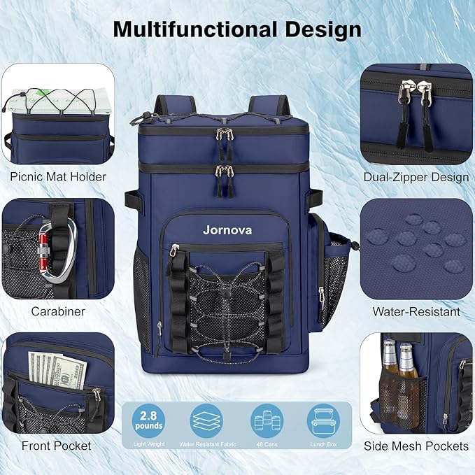 Insulated Cooler Backpack, 40L Leakproof Backpack with Double Compartments for Men & Women, Large Lunch Cooler for Camping, Beach, Travel, Picnic, Up to 48 Cans