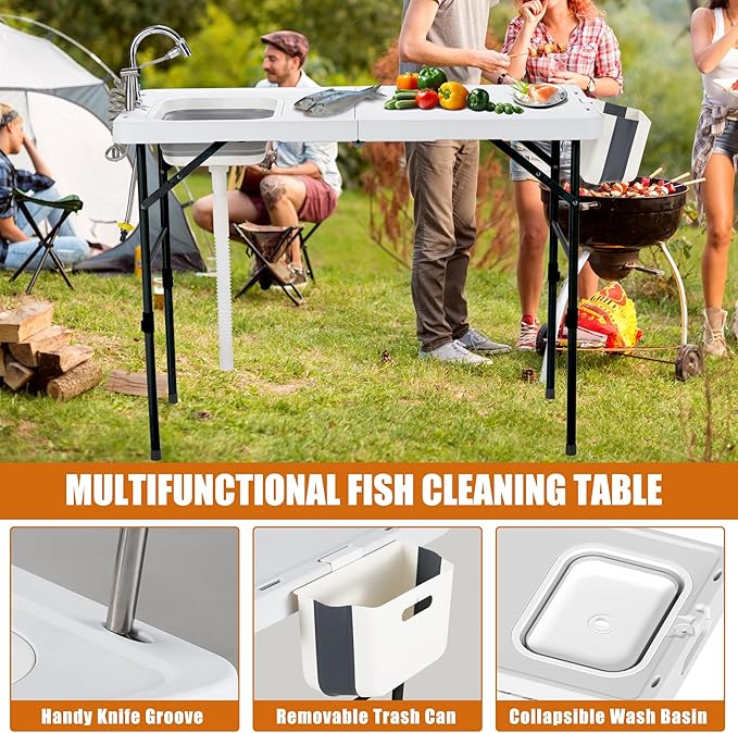 Spurgehom 50" Portable Fish Cleaning Table with Sink&Collapsible Wash Basin, Folding Camping Table with Faucet, Sprayer, Gloves, Trash Can, Storage Bag, Foldable Picnic Table for Picnic Beach Patio