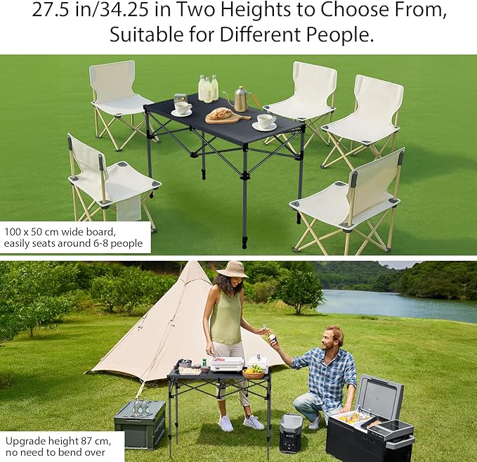 Anbte Camping Table Foldable, 2 Adjustable Height 34.2”, Large Roll Up Camping Table Support 264lbs with Storage Basket and Bag, Aluminum Outdoor Table, for Picnic Travel BBQ, 39.4” x 19.7”, Black