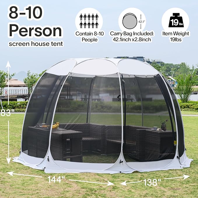 Alvantor Pop Up Screen House Gazebo with Mosquito Netting, Instant UV Resistant Sun Shelter for Patio & Backyard, Portable Canopy Tent for 2-10 Person