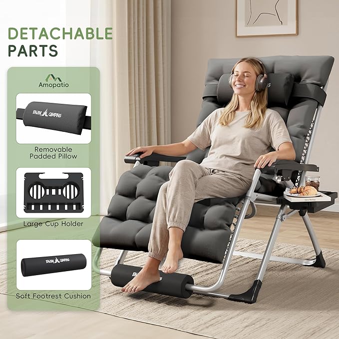 Amopatio Oversized Zero Gravity Padded Chair w/Removable Cushion&Headrest, XXL 33In Reclining Camping Lounge Chair Upgraded Lock and Footrest, Folding Patio Recliner for Indoor Outdoor, Dark Grey