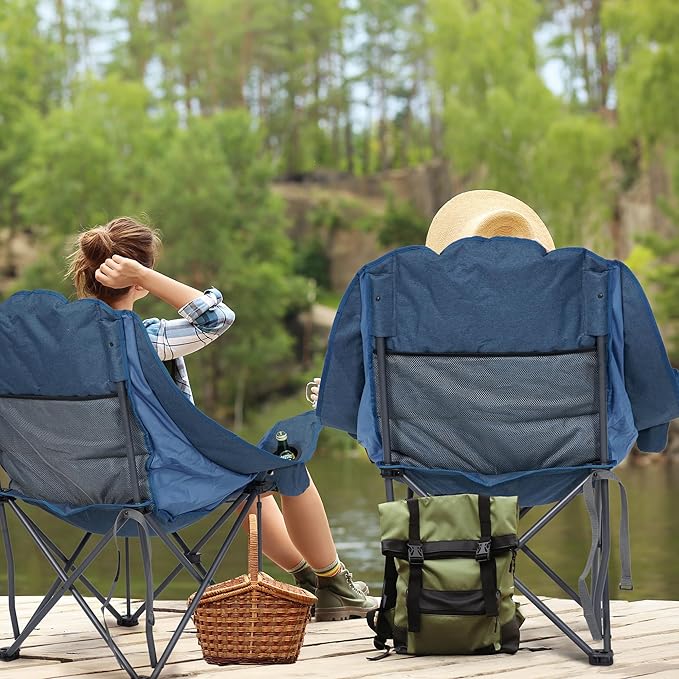 2 Pack Oversized Camping Chair, Portable Folding Padded Camp Chairs with Side Pocket, Cup Holder, Heavy Duty Support 500LBS Outdoor Lounge Chair for Adults, Fishing, Sports, Navy Blue