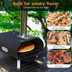 SizzleDelite Outdoor Pizza Oven Wood Pellet 12" Round Pizza Stone, Portable Wood Fired with Built-in Thermometer Pizza Stove, Stainless Steel Pizza Maker for Outside, Backyard, Camping - Black