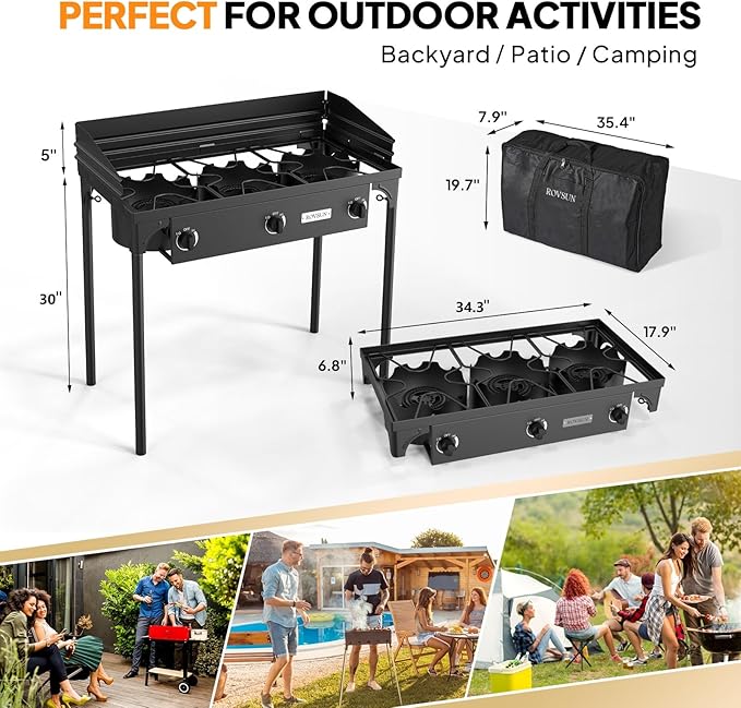 ROVSUN 3 Burner Propane Gas Stove with Carrying Bag, 225,000 BTU Patio Outdoor Camping Burner with Wind Panel & CSA Listed Regulator, Picnic Cooker for Home Patio Cooking Brewing Turkey Frying Canning