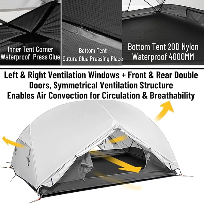 Naturehike Mongar UL Tent [2025 Upgrade] - 1-2 Person Ultralight 3 Season Camping Tent, Waterproof One Person Two Person Backpacking Tent for Hiking, Cycling, Easy Setup