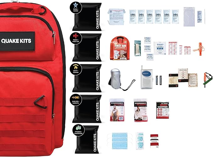 QK 5-Person, 72hr Prepared Survival Kit for Disaster Preparedness - Emergency Go Bag with Food and Water, First Aid, and Preparedness Tools. Emergency Kit for Earthquakes and Other Disasters.