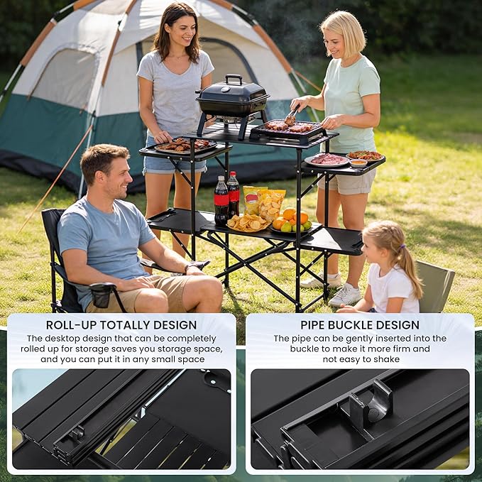 Slim-Fold Camping Kitchen Table, Metal Folding Portable Outdoor Cook Station with 4 Side Tables, 2 Storage Shelves & Carrying Bag, Heat Resistant Quick Set-Up for Picnic BBQ