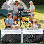 Slim-Fold Camping Kitchen Table, Metal Folding Portable Outdoor Cook Station with 4 Side Tables, 2 Storage Shelves & Carrying Bag, Heat Resistant Quick Set-Up for Picnic BBQ