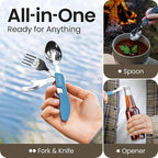 Orblue 4-in-1 Camping Utensils, 1-Pack, Portable Stainless Steel Spoon, Fork, Knife & Bottle Opener Combo Set - Travel, Backpacking Cutlery Multitool, Blue