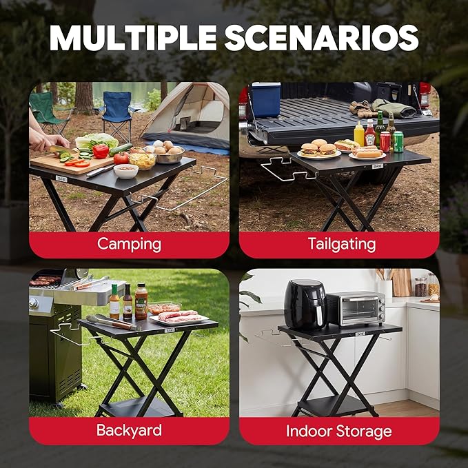 Folding Grill Table, Pizza Oven Table & Portable Table with Bottom Shelf, Tool Hooks, Trash Bag Holder & Paper Towel Rack, Grill Stand for Pizza Oven & Tabletop Griddle, BBQ & Tailgating, Black