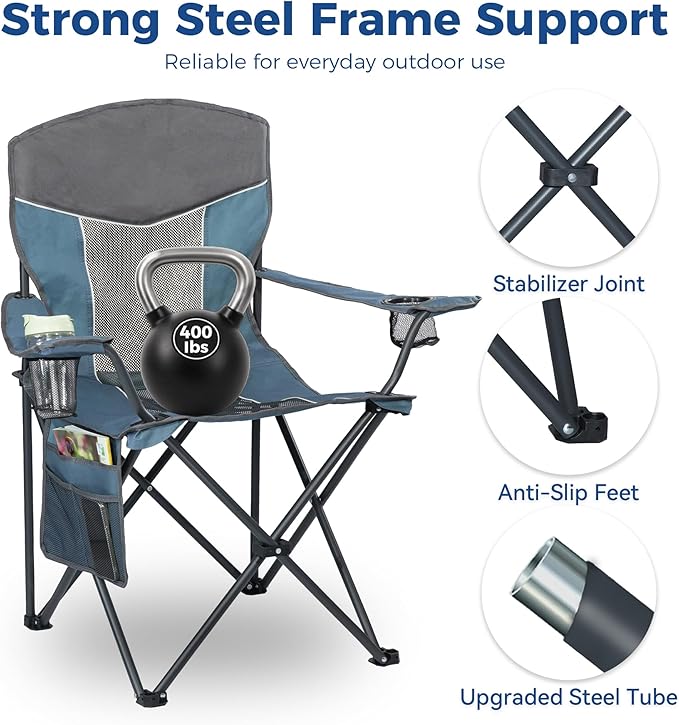 Outdoor Camping Chair 2-Pack with Mesh Back, Folding Portable Lawn Chairs with Cup Holder & Side Storage Pocket for Camping, Beach, Picnic, Fishing(Blue)