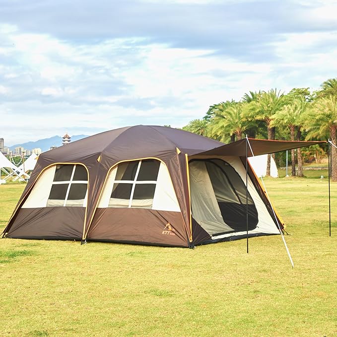 KTT Extra Large Tent 12 Person(A),Awning Family Cabin Tents,2 Rooms,4 Doors and 4 Windows with Mesh,Straight Wall,Waterproof,Double Layer,Big Tent for Outdoor,Picnic,Camping,Family Gathering。