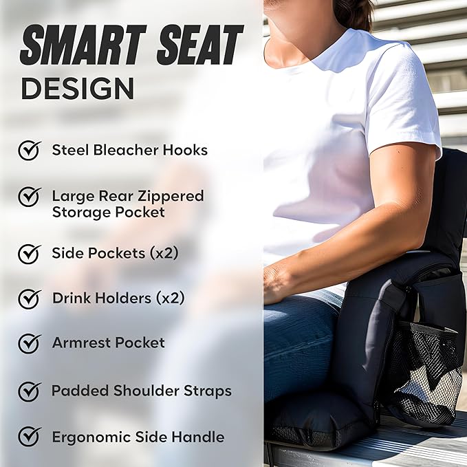 BRAWNTIDE Stadium Seat for Bleachers with Back Support - Wide Padded Reclining Bleacher Seat, Portable Folding Stadium Chair with Armrests, Hooks, Straps, Cup Holders & Pockets for Games & Concerts