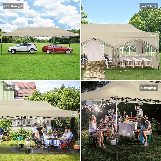 COBIZI 10x30 Heavy Duty Pop up Canopy with 8 sidewalls Stable Wedding Outdoor Tents for Parties Canopy Pop Up Party Tent UPF 50+ Waterproof Commercial Gazebo with Roller Bag, Khaki(Windproof Upgraded)