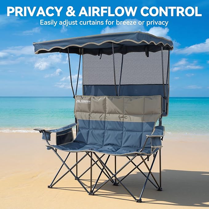 Double Beach Chair With Canopy Shade Camping Chair With Canopy Oversized Double Camping Chair With Canopy Folding Loveseat Chair With Two Cup Holders and Cooler Bag For Camping,Beach, Fishing