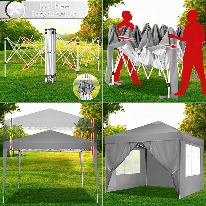 COBIZI Canopy 10x10 Pop Up Canopy Tent with 4 Sidewalls Party Tents for Parties Weddings Backyard Waterproof Canopy Outdoor Commercial Canopy Event Tent with Stakes, Ropes, Grey
