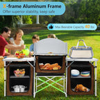 Seeutek Camping Kitchen Table, Aluminum Portable Outdoor Cooking Table, Foldable Camp Table with Windscreen and 3 Storage Cupboards Multifunctional for BBQ, Party, Picnics & Outdoor Brown