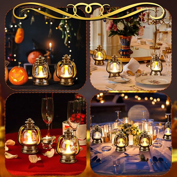 Ferraycle 12 Pcs Mini Lantern Decor 4 Inch Western Lantern Table Centerpiece Small Vintage Camping Hanging Lamp Ornaments Bulk for Cowboy Cowgirl Wedding Halloween Christmas (4 Inch,Retro Gold)