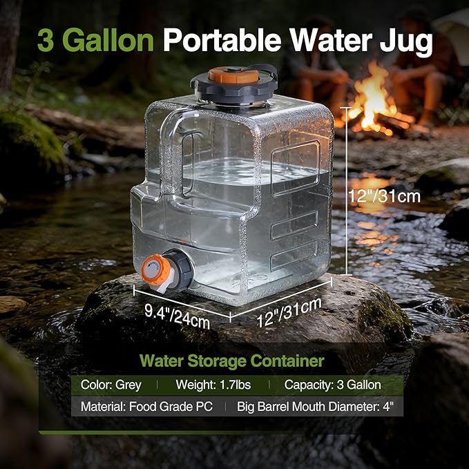 RedSwing 3.2 Gallon BPA Free Water Container, Portable Water Storage Tank with Spigot for Outdoor Camping Travel Hiking, PC Food Grade Thickened Bucket, Grey, 12L