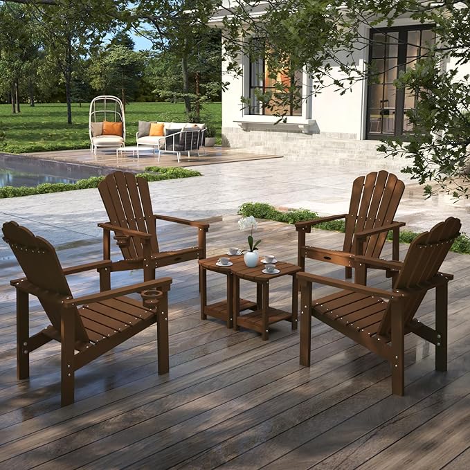 Stackable Adirondack Chair Set of 2, HDPE All-Weather Adirondack Chairs - Durable and Space Saving, Plastic Outdoor Fire Pit Chairs with Cup Holder,Wood