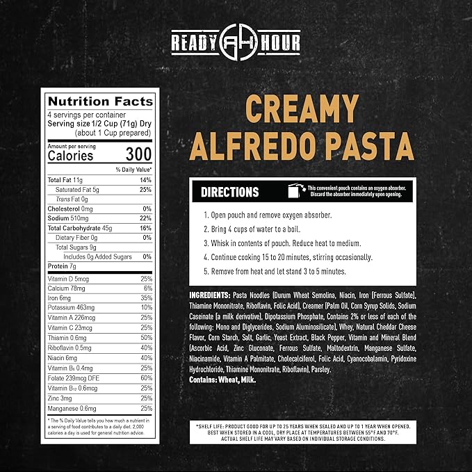 Ready Hour Creamy Alfredo Pasta Case Pack – 24 Servings (6 Pouches) – Freeze-Dried Pasta, Emergency Pasta Meal, Long-Term Food Storage, Prepper Pantry, Shelf-Stable Pasta Meal