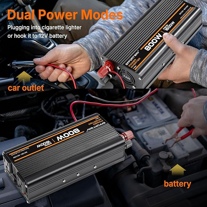 800W Power Inverter, Inverter 12V to 110V with 2 AC Outlets, 2.1A USB Port, Car Power Inverter with Alligator Battery Clamp for Phone, Laptop on Camping, Road Trip