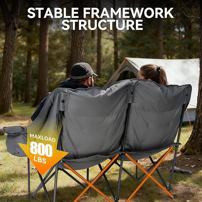 Padded Double Camping Chair High Back Double Seat Camping Chair Oversized Camping Loveseat Support 800LBS Heavy Duty Camping Couch with Cup Holders, Cooler, Carry Bag, Grey