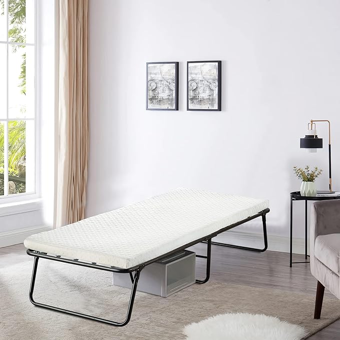 Greaton, 14” Folding Bed with 3-Inch Luxurious Memory Foam Mattress, Strong and Sturdy Metal Frame, Portable Guest Bed for Easy Storage, 31-Inch, White
