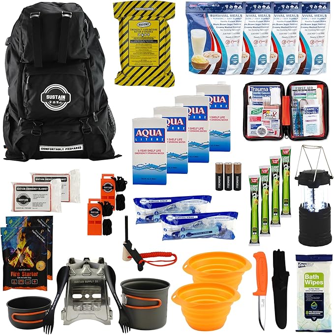 Sustain Supply 2-Person 72-Hour Emergency Survival Kit Backpack – Complete Disaster Preparedness Pack with Food, Water, First Aid Kit, Tools & Shelter Gear for Earthquake, Hurricane & Evacuation
