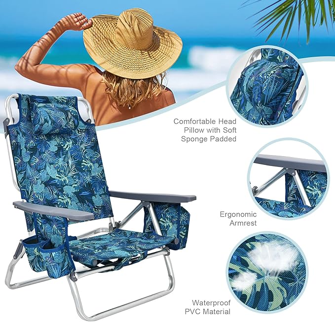 COSTWAY Backpack Beach Chairs, 4-Pack Portable Camping Chairs with Cup Holder, Ice Bag, 5-Position Outdoor Reclining Chairs for Adults, Travel, Sunbathing, Support 300 LBS, Navy