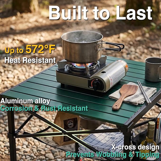 Portable Camping Table with Adjustable Height, Lightweight Aluminum Roll Top Folding Camp Table with Storage Pockets & Dual-Compartment Bag, Heat-Resistant, for RV, Picnic, BBQ, Outdoor (L)