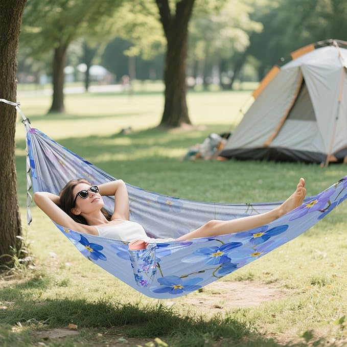 Blue Background Little Flowers Camping Hammock Single Portable Hammocks 330 lbs Capacity with 2 Tree Straps and Attached Carry Bag,Perfect for Outdoor,Indoor,Beach,Camping,Travel