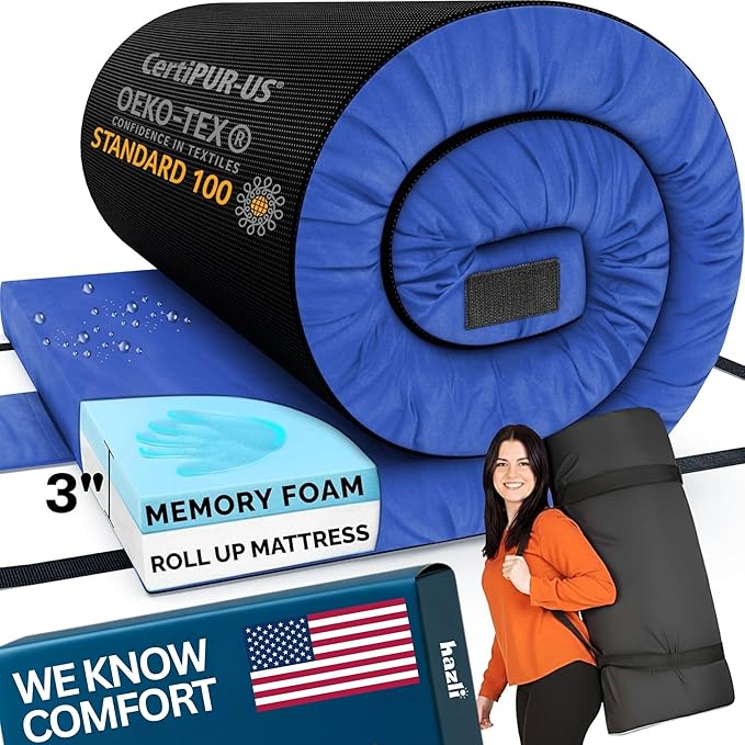 Hazli Matrix AirCell Memory Foam Camping Mattress Pad - CertiPUR-US Roll Up Mattress for Adults - Portable Foam Sleeping Mats for Camping - Camp Cot Sleeping Pad - Floor Sleep Mat Bed Roll for Car RV