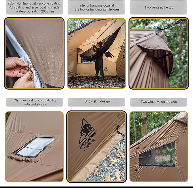 OneTigris COZSHACK Hot Tent, Large Spacious 4 Person Tent with Stove Jack, Windproof Waterproof Tent for Wood Stove Bushcraft Camping Travel Truck Family