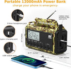 12000mAh/44400mWh Weather Radio, Hand Crank Emergency Radio Portable AM FM Shortwave, Solar Rechargeable Battery Powered Radio with NOAA Alert, USB-C Charger & Adapter, SOS Flashlight for Emergency