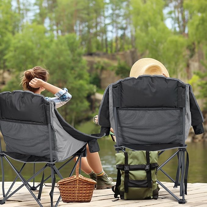 2 Pack Oversized Camping Chair, Portable Folding Padded Camp Chairs with Side Pocket, Cup Holder, Heavy Duty Support 500LBS Outdoor Lounge Chair for Adults, Fishing, Sports, Trip, Black