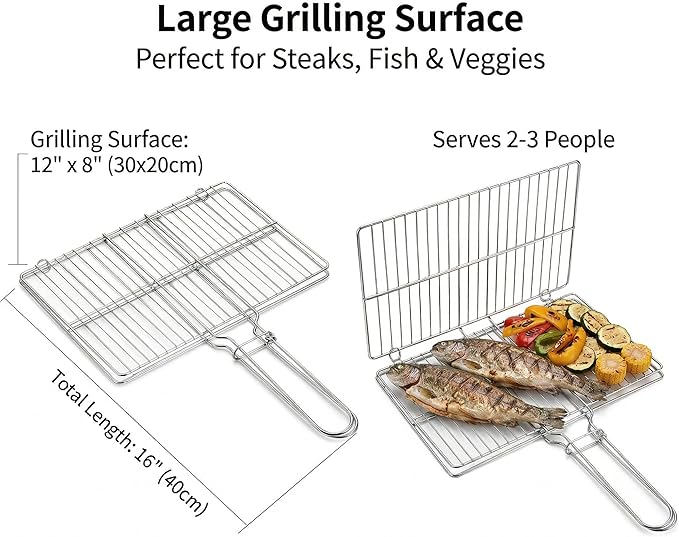 Stainless Steel Fish Grill Basket for Outdoor BBQ, Heavy Duty Lockable Grilling Rack for Fish Vegetables Steak Veggies Shrimp Meat, Portable Campfire Cooking Mesh Grate Tool, 12 x 8 Inch