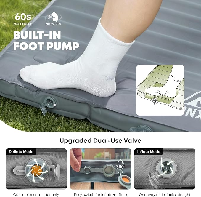 Self Inflating Sleeping Pad with Foot Pump, 2 Inch Thick Memory Foam Camping Pad, Quick Inflation Air Mattress for Camping, Hiking, Car Travel, and Outdoor Adventures, Grey