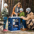 EAGLE PEAK Outdoor Folding Camping Table with Large 3-Tier Storage Organizer and Side Pockets, Easy Set Up Portable Aluminum Camping Kitchen, Blue