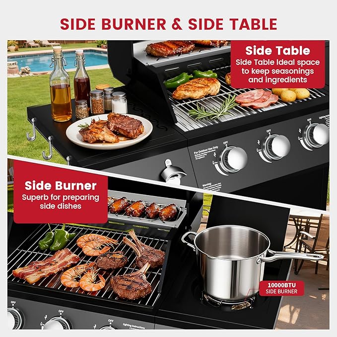 4-Burner Propane Gas Grill with Side Burner, 50,000 BTU Outdoor Gas BBQ Grill with Stainless Steel Grate, Easy-Clean Grease, Outdoor Cooking for Patio, Camping, Backyard