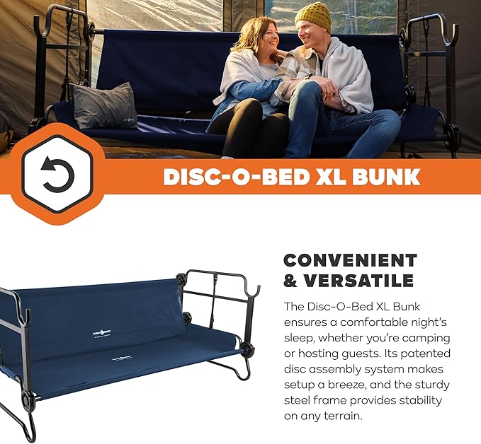 Disc-O-Bed Extra Large Portable Bunk Camping Cots with Carry Bags - Heavy-Duty Indoor or Outdoor Sleeping System, Converts to Bench or Separate Beds, 500 lb Weight Capacity Per Cot, Navy