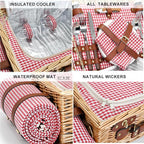 Picnic Basket with Blanket and Wine Pouch for 2, Wicker Picnic Set with Insulated Liner Cooler Bag Hamper for Camping,Wedding - Red Gingham