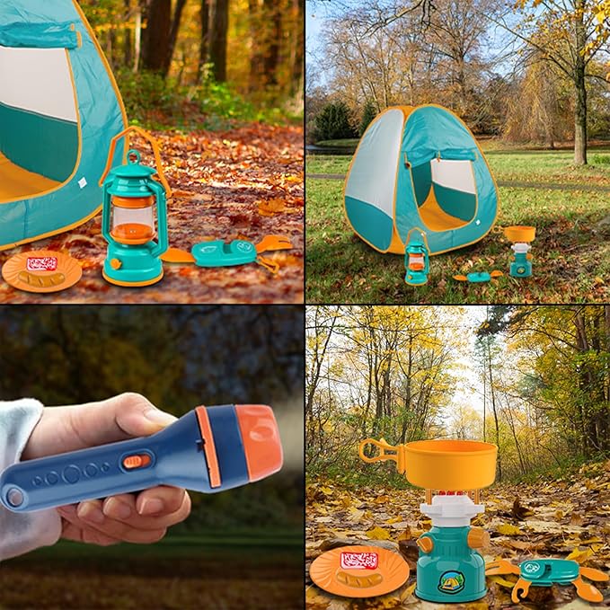 Kids Camping Set Pop Up Play Tent & Space Projector Flashlight- Outdoor Campfire Toy for Toddlers Kids - Pretend Play Camp Gear Tools for Birthday Christmas