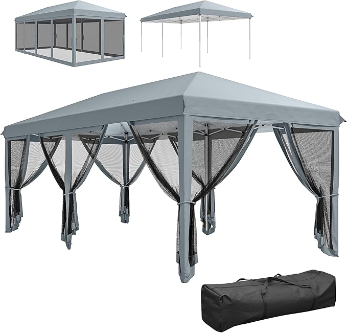 Outsunny 10' x 20' Pop Up Canopy Tent with Netting, Heavy Duty Instant Sun Shelter, Large Tents for Parties with Carry Bag for Outdoor, Garden, Patio, Gray